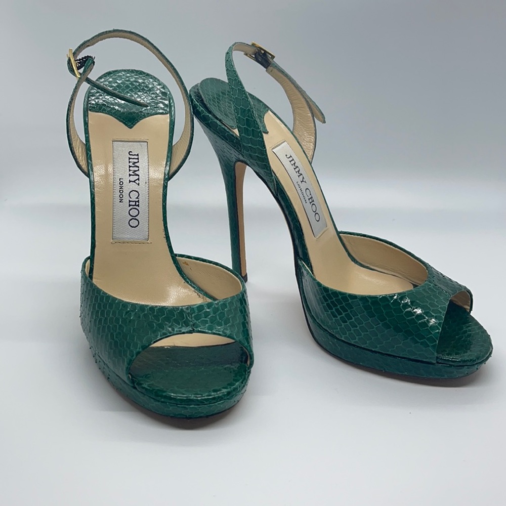 Green crocodile Jimmy Choo slingback Elazer platform sandals, size 36
